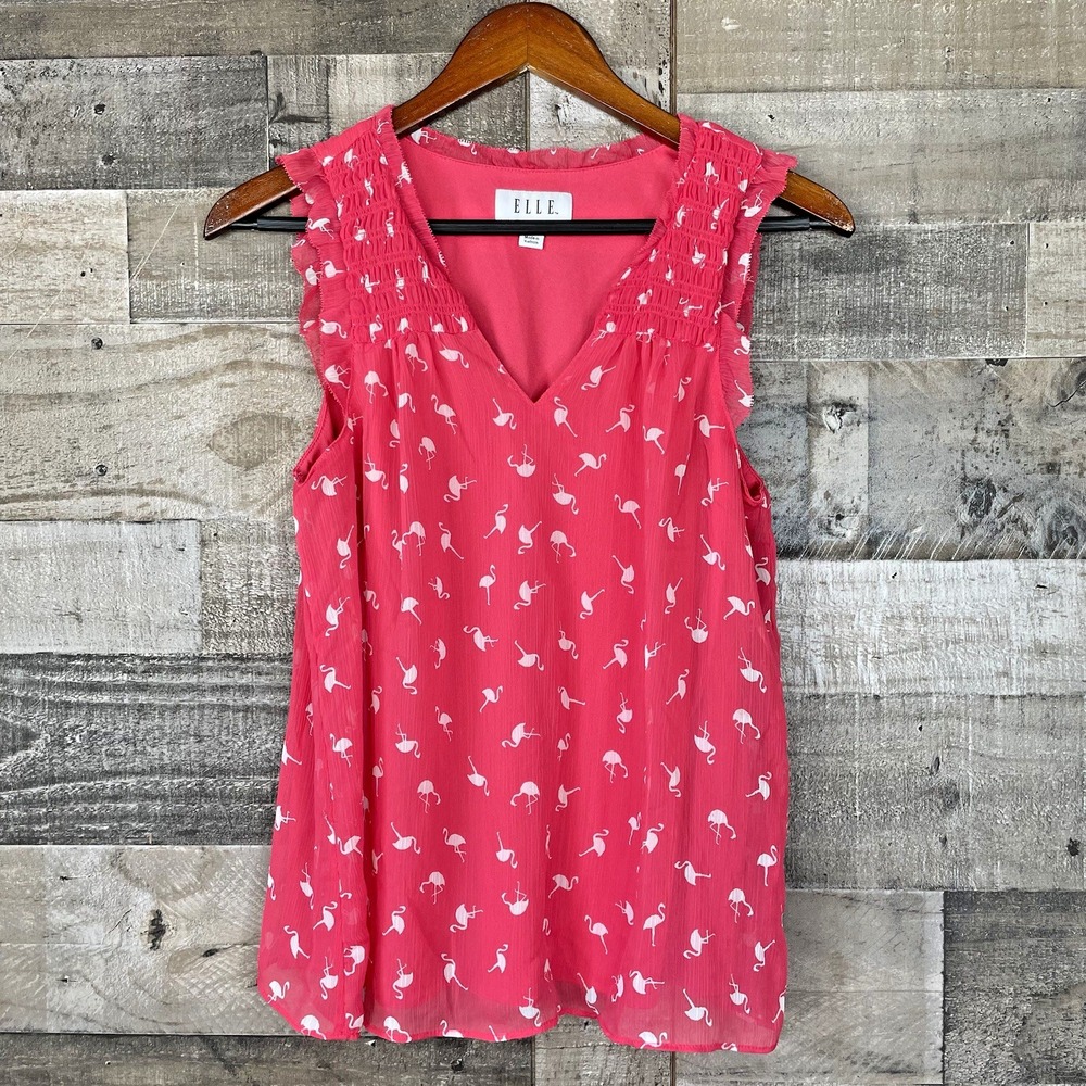 Elle Women's Top Shirt Sleeveless Size XS Berry Pink White Flamingos Beach